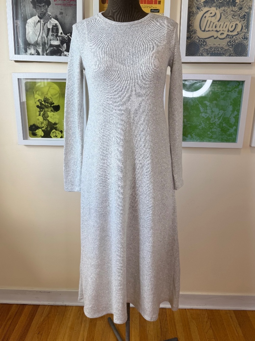 Silver Lurex Knit Maxi Dress | 70s Disco Glam Sparkle Gown | Minimalist Party